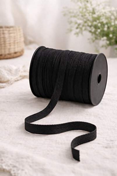 Ak Tuhafiye Cotton Herringbone Woven Ribbon 1 cm – Black – 10 Meters Sewing C...