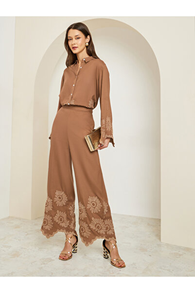 Styli Women Brown Embroidered Wide Leg Trousers