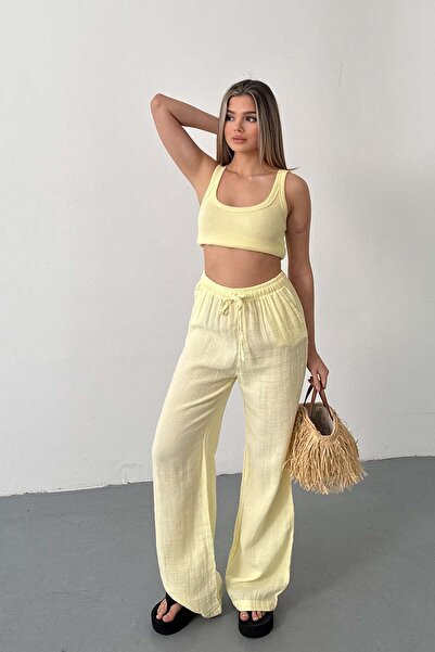 JEE LEE Women's Adjustable Waist Double Pocket Wide Leg Pants Yellow - 26Y 4010