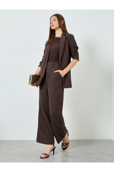 Styli Brown Linen Look Wide Leg Trousers