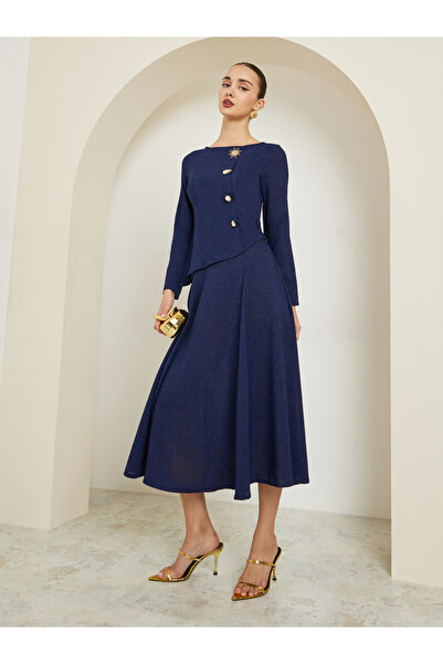 Styli Navy Blue Tweed A-Line Midi Skirt