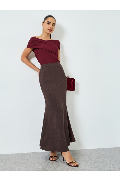 Styli Coffee Brown Flared Hem Maxi Skirt