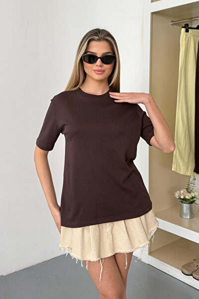 GİYSA Women's Crew Neck 100% Cotton Basic T-Shirt Brown - 26Y 26650