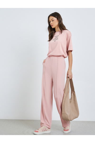 Styli Pink Wide Leg Joggers with Pintuck Detail