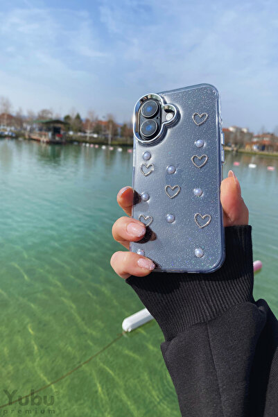 yubu حافظة هاتف لامعة شفافة لامعة مع حماية للكاميرا بنمط قلب iPhone 17