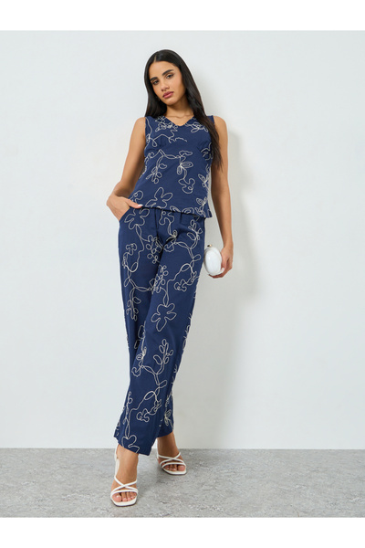Styli Navy Blue Embroidered Wide Leg Pants