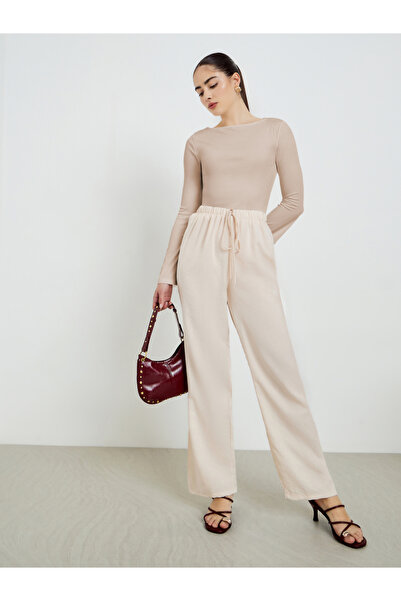 Styli Beige Waist Drawstring Wide Leg Pants