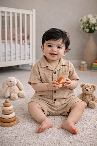 MİLNA BABY&KİDS %100 Pamuk Müslin Cepli Erkek Bebek İkili Takım 6 - 18 Ay Yaz...