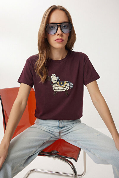 Lovelyİstanbul Armalı Nakışlı Pamuklu Örme T-shirt LCR0114 MÜRDÜM