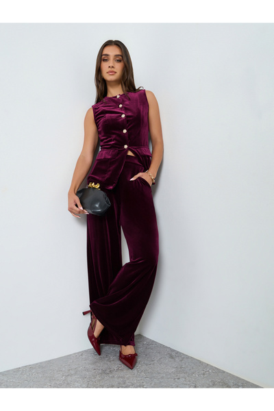 Styli Women Burgundy Velour Wide Leg Pants