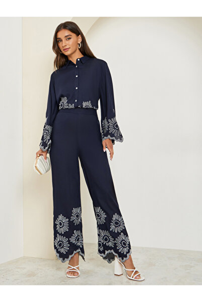 Styli Women Navy Blue Embroidered Hem Pants