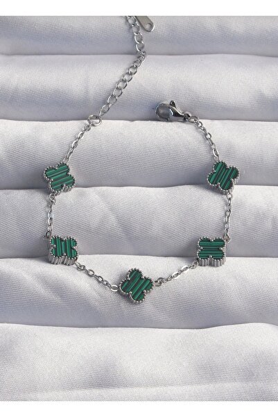 Çelik Gümüş Renk Yeşil Yonca Bileklik