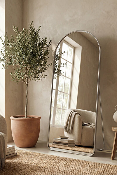 Lora Bianca Gümüş Çerçeveli Oval Ayaklı Boy Aynası 170x62 cm – Modern Dekorat...