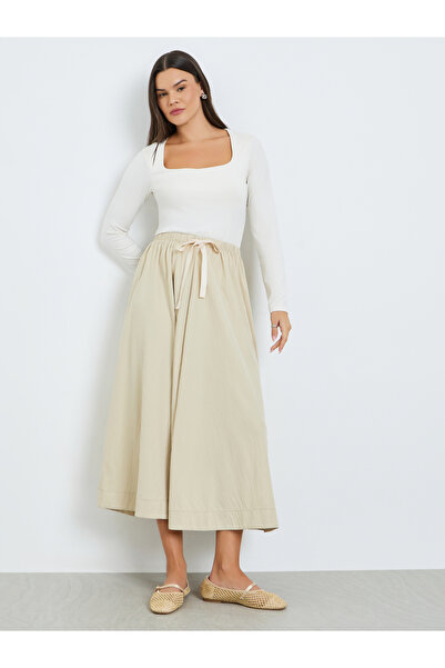 Take Two By Styli Beige Drawstring Waist Pleated Skirt