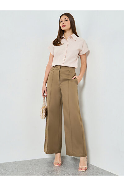 Styli Tan Solid Wide Leg Trousers