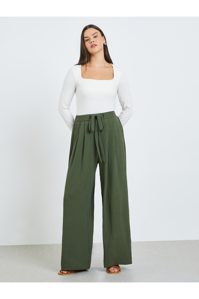 Take Two By Styli Dark Green Pleated Wide Leg Pants with Drawstring