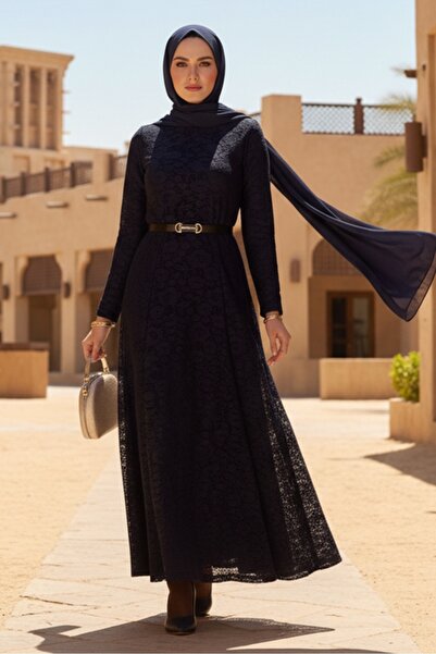 Bestenur Lace Lined Belted Dress 1685 - Navy Blue