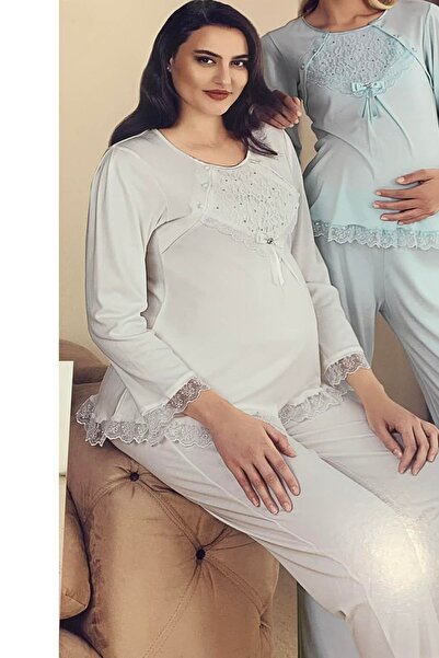 Evimmis Lace Detailed Long Sleeve Maternity Pajama Set