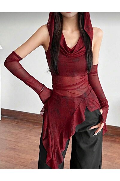 La Saade Red Venom – Y2k Kırmızı Kapüşonlu Transparan Tül Bluz& Tül Eldiven