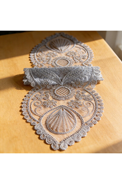 POKUT Lüks Gümüş İşlemeli Tül Runner - Çeyizlik Dantel Nakışlı Dekoratif Masa...