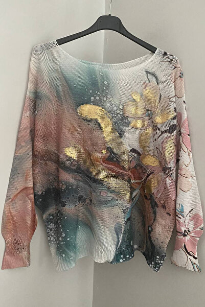 AYASOFYA OTANTIK Women's Italian Beige Foil Patterned Bat Sleeve Mercerized B...