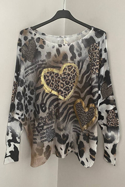 AYASOFYA OTANTIK بلوزة نسائية إيطالية مزخرفة بنقشة ورقية وأكمام خفاشية مصنوعة...