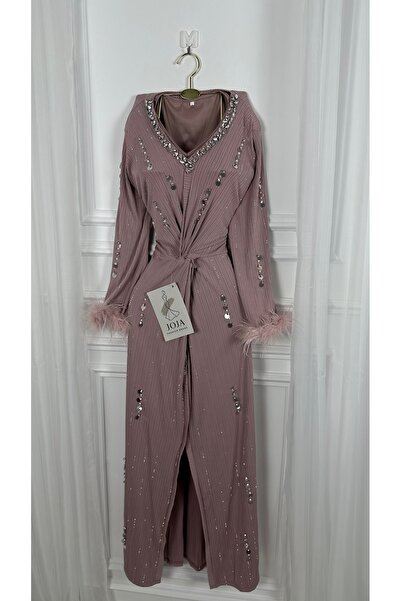 Joji Georgette dress, Puffer , sequined, feather sleeves, fitted waist