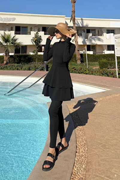 Hazamoda Ruffled Layered 3-Piece Hijab Swimsuit Black