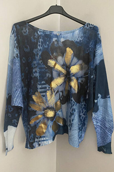 AYASOFYA OTANTIK Women's Italian Navy Blue Foil Patterned Bat Sleeve Merceriz...