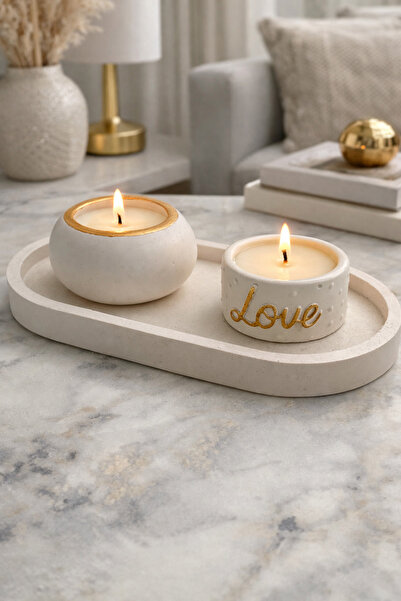 LadyBug Store Tabak+2 adet Gold Detaylı Mumluk 3 parça [Soya Wax Doğal Mum ] Set