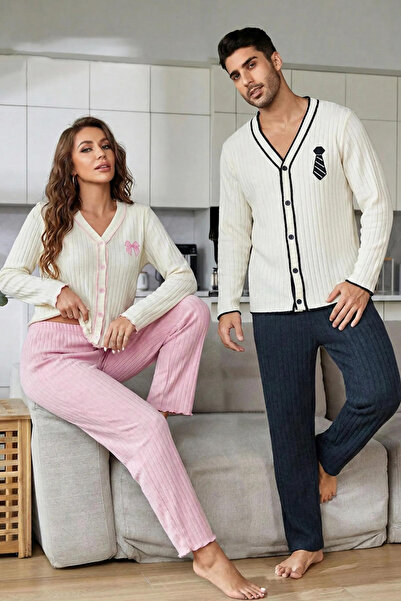 BELLA NOTTE Kadın Düğmeli Uzun Kollu Nakışlı Çift Pijama Takımı