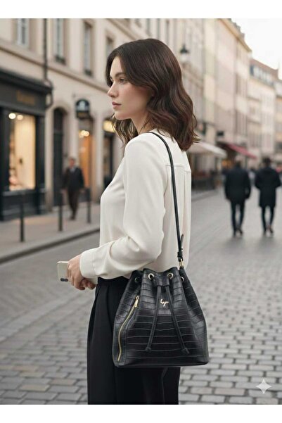 BYZ -4001 حقيبة كتف نسائية جلد تمساح أسود 24 سم × 26 سم × 13 سم