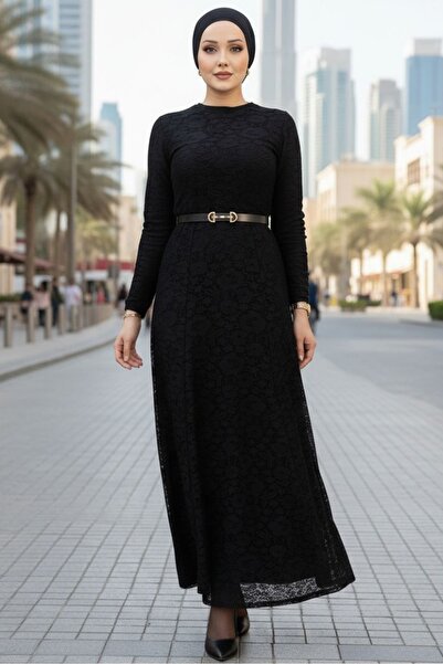 Bestenur Lace Lined Belted Dress 1685 - Black