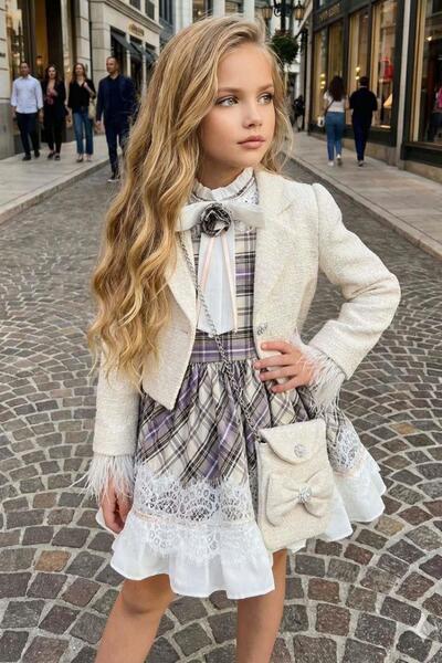 Riccotarz Girl's White Chanel Jacket with Feathered Sleeves and Lace Embroide...