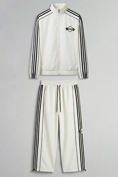 ablukaonline Men's Relaxed Fit Striped Sports Tracksuit Set Ecru