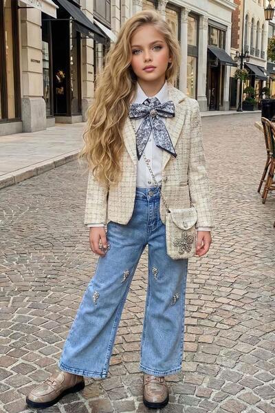 Riccotarz Girl's Chiffon Shirt with Scarf, Chanel Ecru Jacket and Stone Detai...