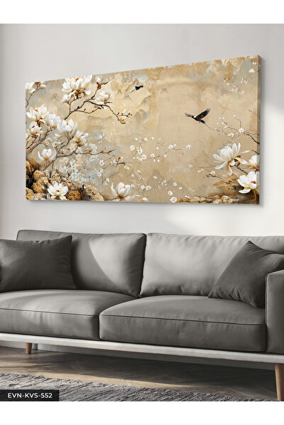 Burshe Beyaz Çiçekler ve Kuş Tek Parça Kanvas - Canvas Tablo