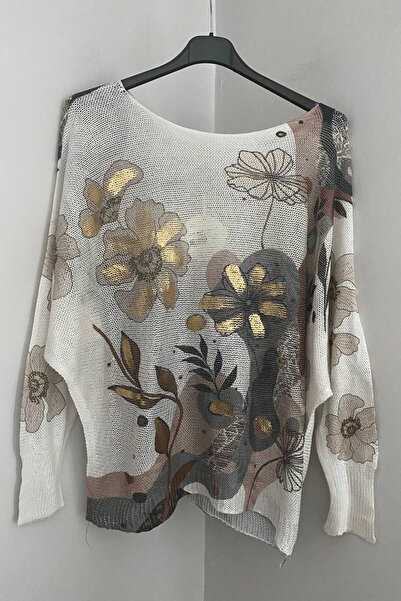 AYASOFYA OTANTIK Women's Italian Beige Foil Patterned Bat Sleeve Mercerized B...