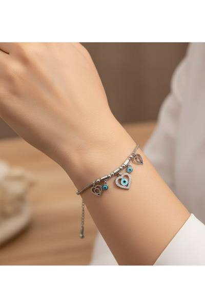 stainless steell سوار فولاذي بسلسلة فضية اللون وتصميم قلب/عين الشر