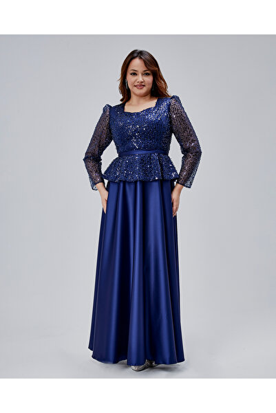 Asees Orta Beden Kalp Yaka Peplum Detaylı Uzun Abiye Elbise