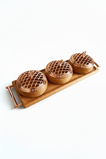 AHER Bakır Detaylı Doğal Ahşap 3Bölmeli Sunumluk-Özel İftar Sofrası Hurmalık ...