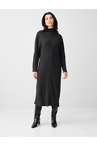 Jimmy Key Antrasit Melanj Dik Yaka Uzun Kollu Yumuşak Dokulu Midi Örme Elbise