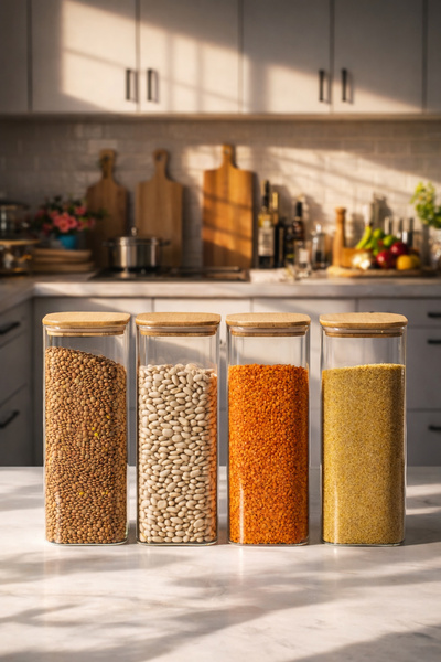 Porsima 4396 Set of 4 Square 2000 ml Bamboo Vacuum Lid Glass Jars Storage Con...