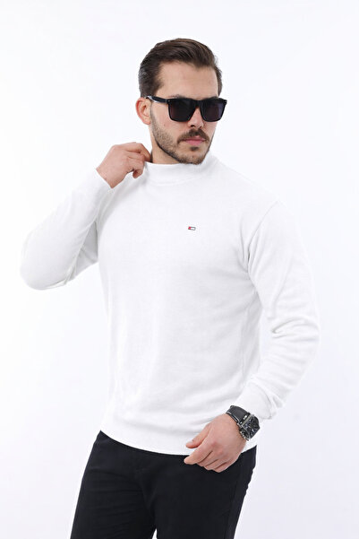 comstar Muški ležerni beli pleteni džemper sa polurolom