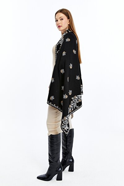 panşalço Carnation Pattern Black-Camel-Bone Knitwear Shoulder Shawl, Knitwear Shawl, Shawl, Women, Young, Mother Shawl, 75X180 cm