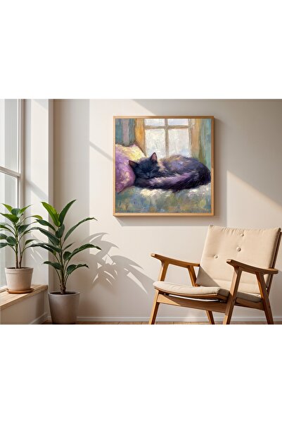 woodhomeworks Ahşap Çerçeveli büyük boy Kare Tablo 50cm miskin kedi