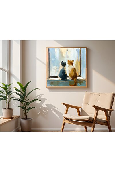 woodhomeworks Ahşap Çerçeveli büyük boy Kare Tablo 50cm iki şirin kedi