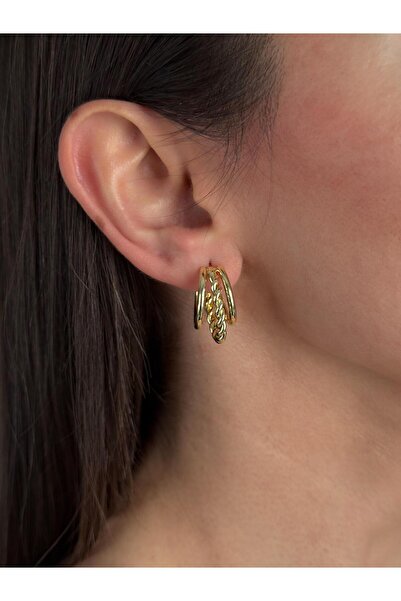 Luseda Vip Triple Ring Twist Detailed Gold Earrings