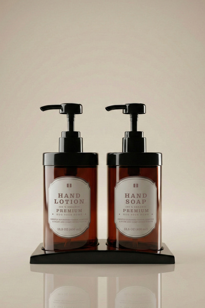 Kloppenhug Set of 2 Amber Liquid Soap Dispensers with Black Stands - 400ml Ha...