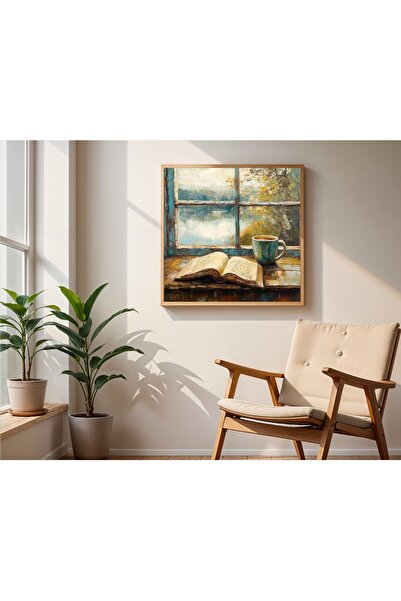 woodhomeworks Ahşap Çerçeveli büyük boy Kare Tablo 50cm kitap ve kahve